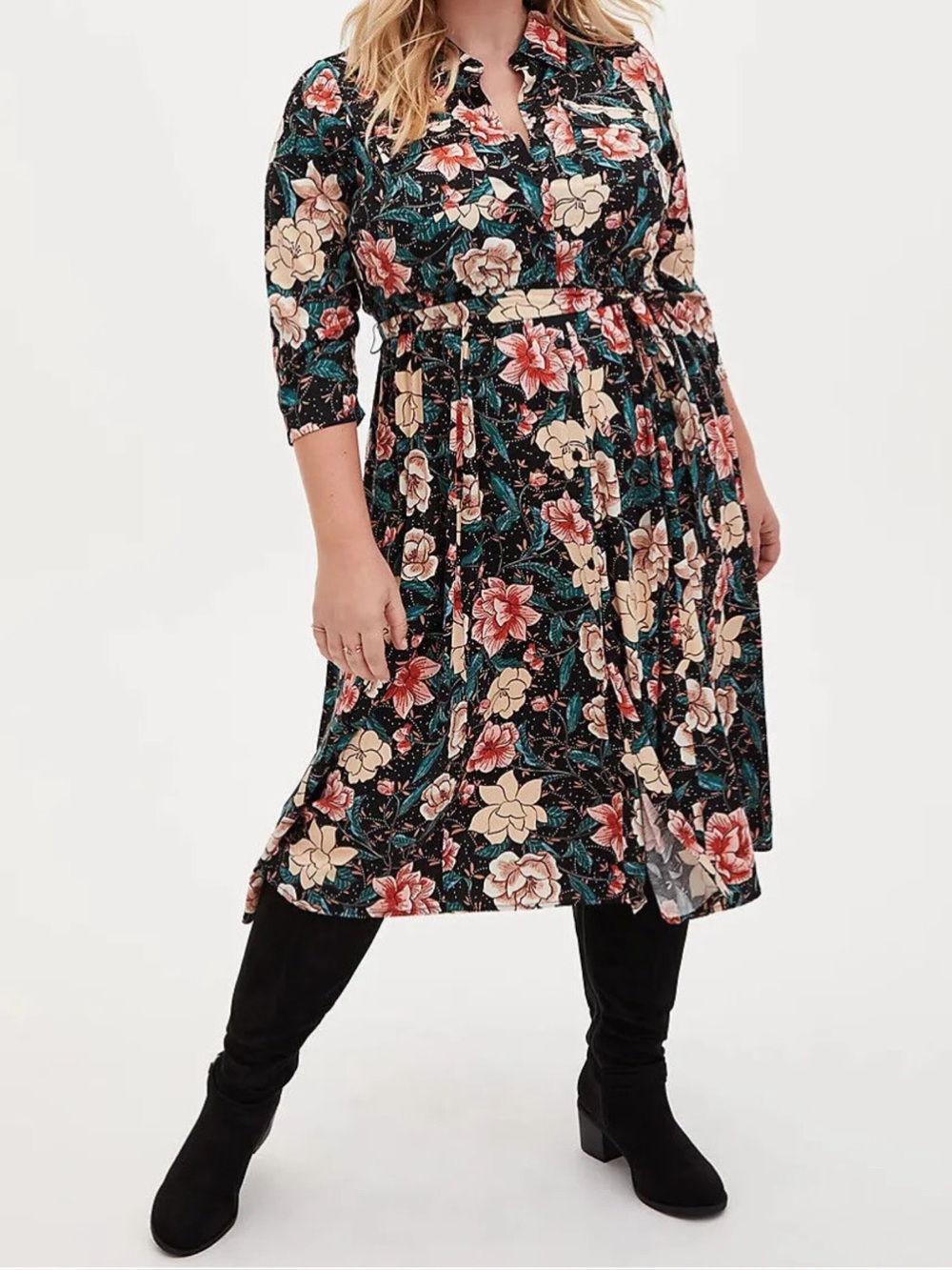 Torrid Floral Black Midi Challis Shirt Dress 4/4X Belted Button Front